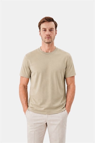 Koyu Krem %100 Pamuk Regular Fit Dokuma Bisiklet Yaka Basic T-Shirt