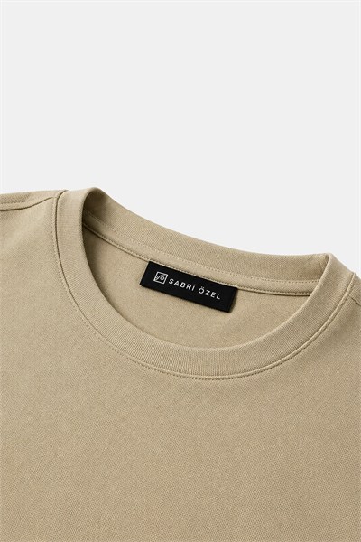 Koyu Krem %100 Pamuk Regular Fit Dokuma Bisiklet Yaka Basic T-Shirt