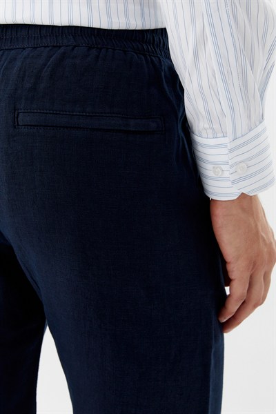Koyu Lacivert %100 Keten Regular Fit Beli Lastikli Bermuda Şort