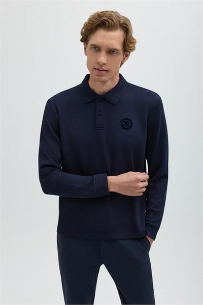 Koyu Lacivert Regular Fit Polo Yaka Erkek Sweatshirt