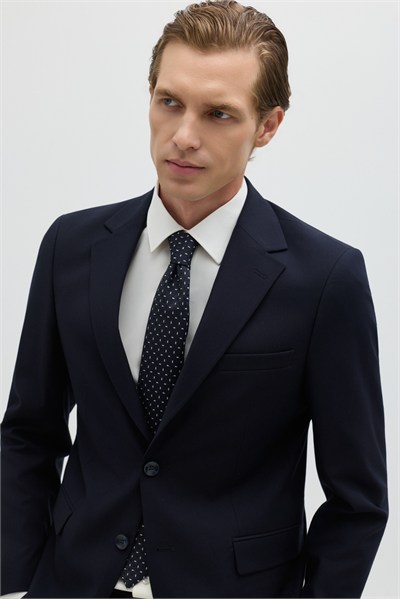 Koyu Lacivert Slim Fit Düz Paça 6 Drop Mono Yaka Klasik Takım Elbise