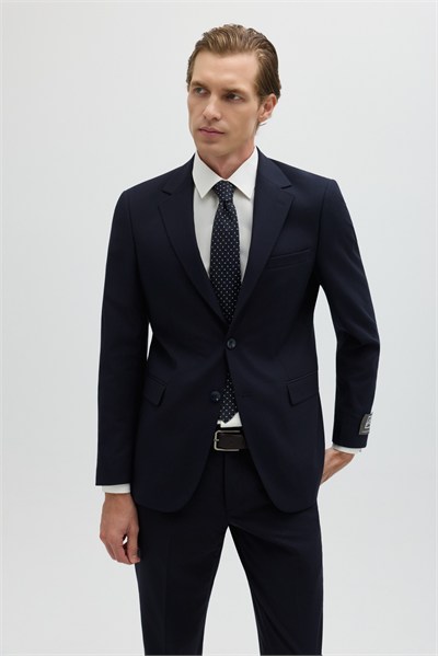 Koyu Lacivert Slim Fit Düz Paça 6 Drop Mono Yaka Klasik Takım Elbise