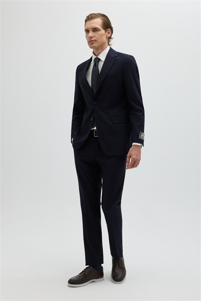 Koyu Lacivert Slim Fit Düz Paça 6 Drop Mono Yaka Klasik Takım Elbise