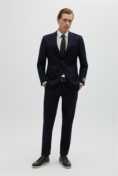 Koyu Lacivert Slim Fit Düz Paça 6 Drop Mono Yaka Klasik Takım Elbise