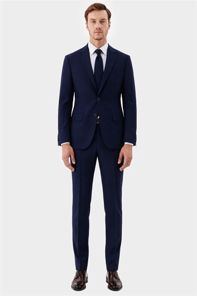 Koyu Lacivert Slim Fit Düz Paça 6 Drop Mono Yaka Klasik Takım Elbise