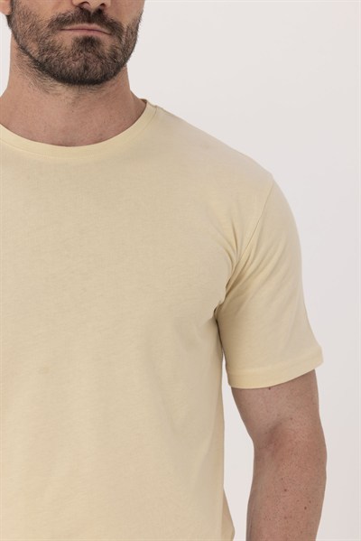 Krem %100 Pamuk Bisiklet Yaka Düz Renk Basic T-Shirt