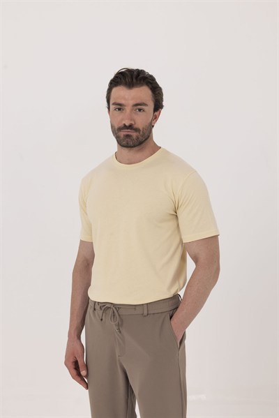 Krem %100 Pamuk Bisiklet Yaka Düz Renk Basic T-Shirt