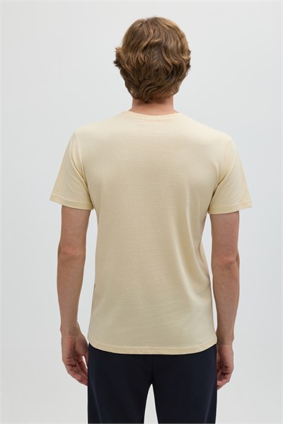 Krem %100 Pamuk Bisiklet Yaka Düz Renk Basic T-Shirt