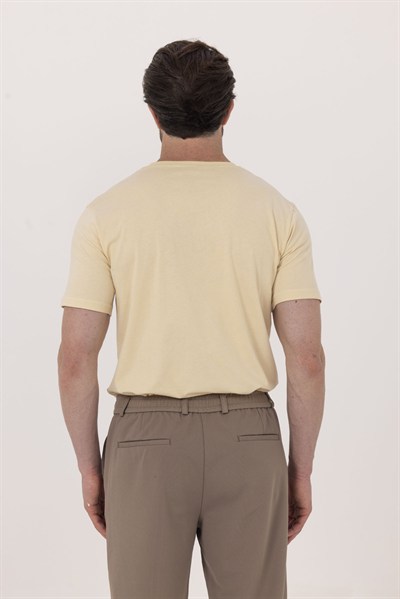 Krem %100 Pamuk Bisiklet Yaka Düz Renk Basic T-Shirt