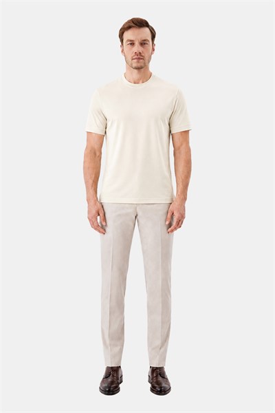 Krem %100 Pamuk Regular Fit Bisiklet Yaka Basic T-shirt