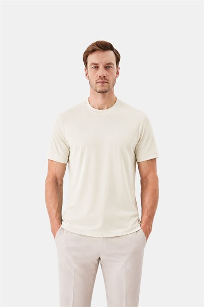Krem %100 Pamuk Regular Fit Bisiklet Yaka Basic T-shirt