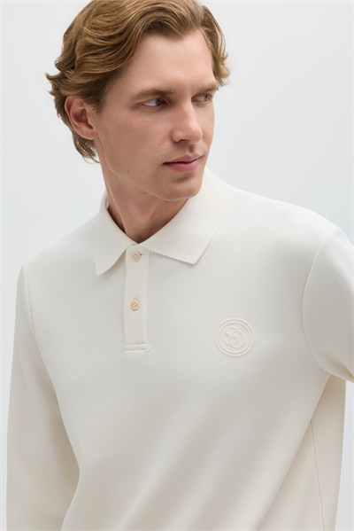Krem Regular Fit Polo Yaka Erkek Sweatshirt