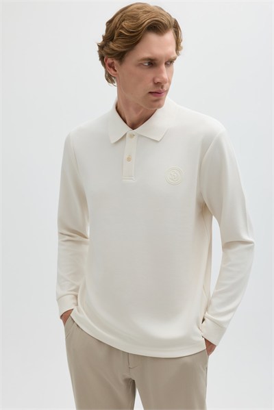 Krem Regular Fit Polo Yaka Erkek Sweatshirt