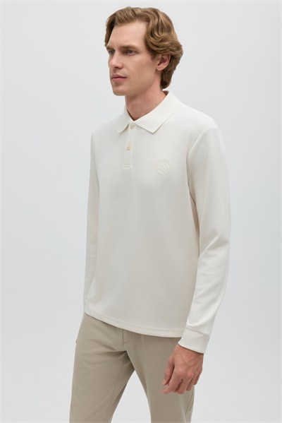 Krem Regular Fit Polo Yaka Erkek Sweatshirt