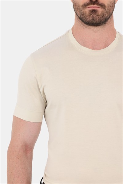 Krem %100 Pamuk Regular Fit Bisiklet Yaka Basic T-shirt