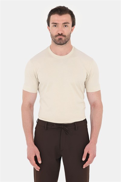 Krem %100 Pamuk Regular Fit Bisiklet Yaka Basic T-shirt