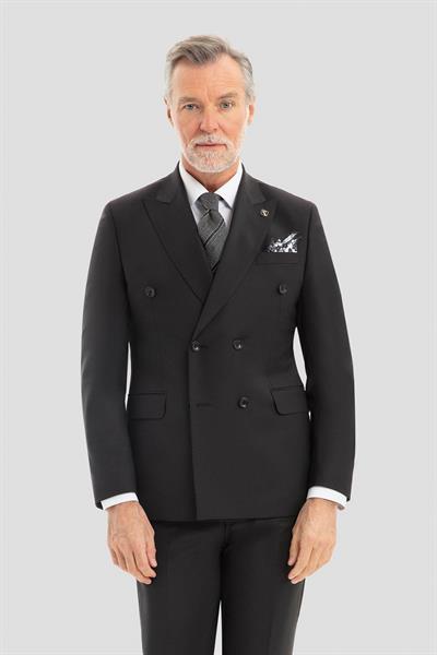 Erkek Siyah Slim Fit Kruvaze Sivri Yaka 6 Drop Yün Karışımlı Takım Elbise