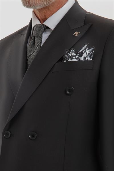 Erkek Siyah Slim Fit Kruvaze Sivri Yaka 6 Drop Yün Karışımlı Takım Elbise