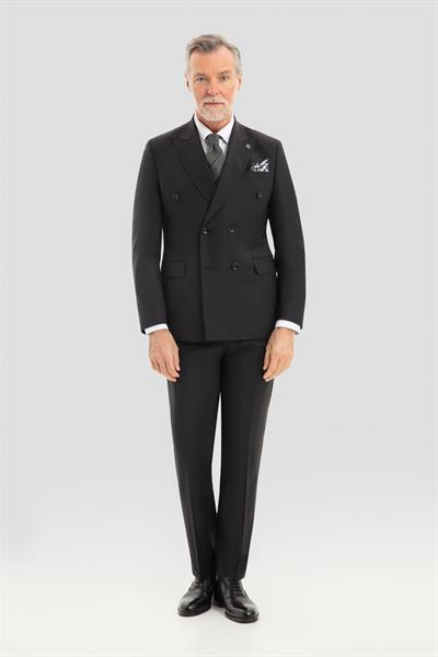 Erkek Siyah Slim Fit Kruvaze Sivri Yaka 6 Drop Yün Karışımlı Takım Elbise