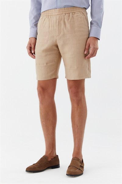 Kum %100 Keten Regular Fit Beli Lastikli Bermuda Şort
