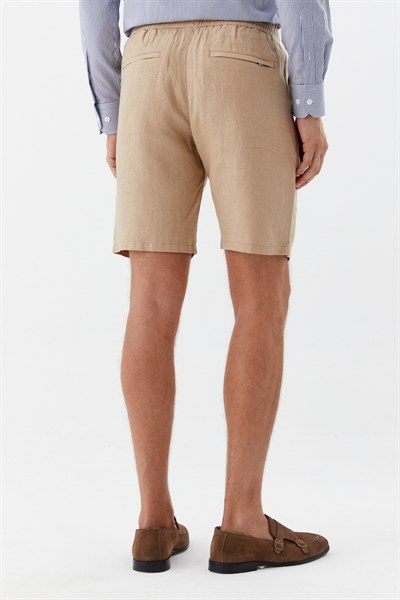 Kum %100 Keten Regular Fit Beli Lastikli Bermuda Şort