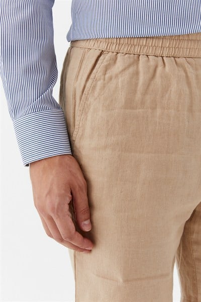 Kum %100 Keten Regular Fit Beli Lastikli Bermuda Şort