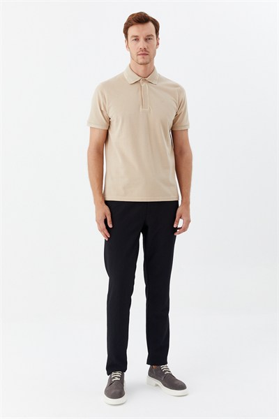 Kum %100 Pamuk Gizli Fermuarlı Polo Yaka T-shirt 