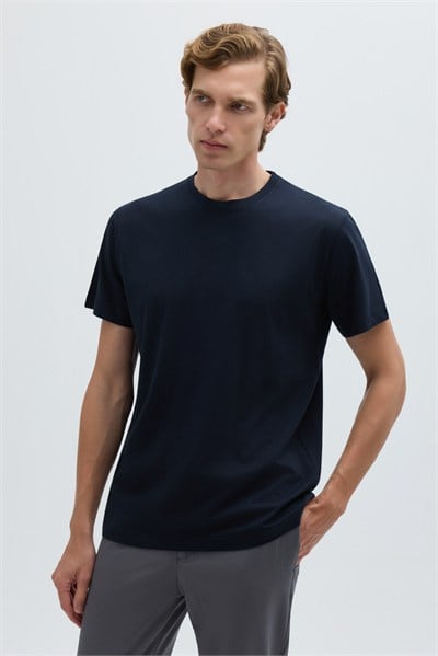 Lacivert %100 Pamuk Bisiklet Yaka Düz Renk Basic T-Shirt