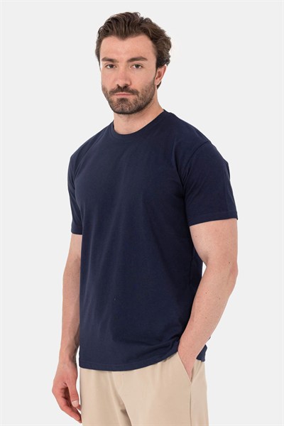 Lacivert %100 Pamuk Bisiklet Yaka Düz Renk Basic T-Shirt