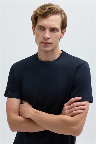 Lacivert %100 Pamuk Bisiklet Yaka Düz Renk Basic T-Shirt