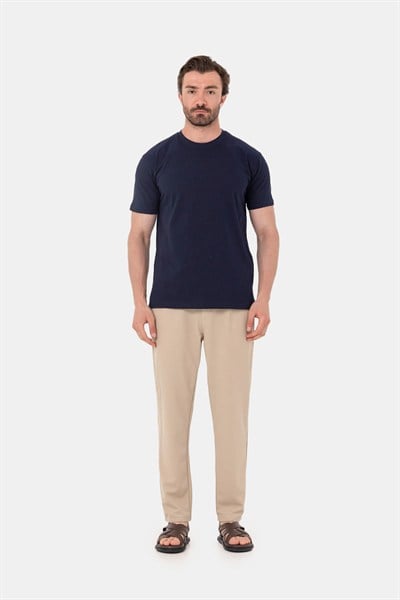Lacivert %100 Pamuk Bisiklet Yaka Düz Renk Basic T-Shirt
