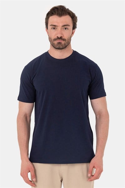 Lacivert %100 Pamuk Bisiklet Yaka Düz Renk Basic T-Shirt