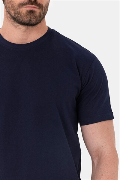 Lacivert %100 Pamuk Bisiklet Yaka Düz Renk Basic T-Shirt