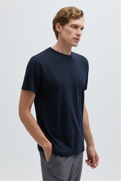 Lacivert %100 Pamuk Bisiklet Yaka Düz Renk Basic T-Shirt