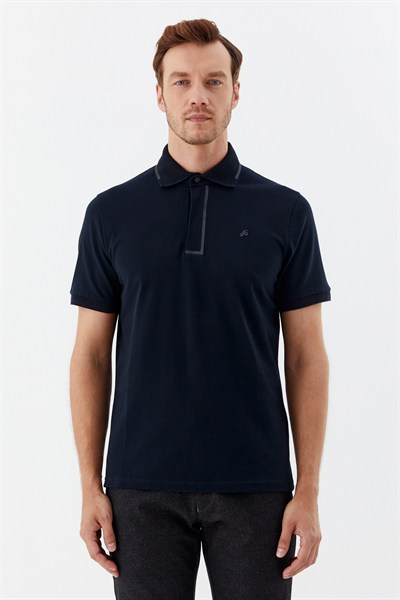 Lacivert %100 Pamuk Gizli Fermuarlı Polo Yaka T-shirt 