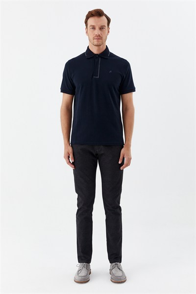 Lacivert %100 Pamuk Gizli Fermuarlı Polo Yaka T-shirt 