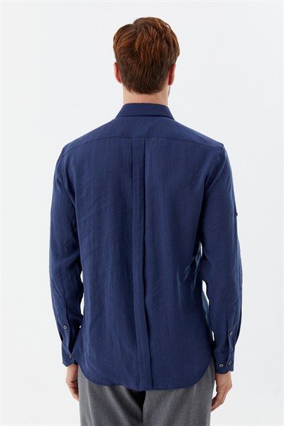 Lacivert %100 Pamuk Klasik Yaka Cepli Slim Fit Gömlek
