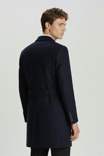 Giotelli Lacivert Slim Fit Yün Karışımlı Sivri Yaka Kruvaze 6 Drop Orta Boy Erkek Palto