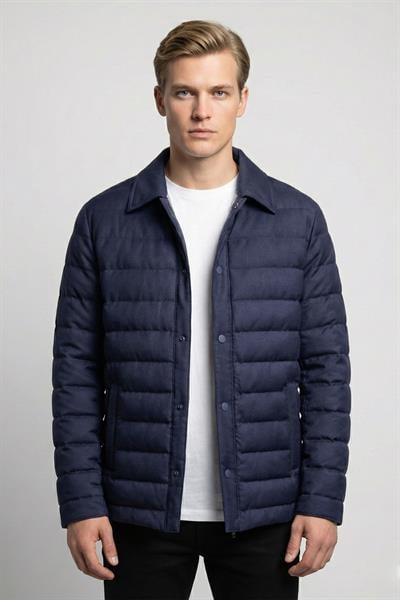 Giotelli Lacivert Regular Fit Yünlü Ceket Yaka Kapitone Erkek Mont