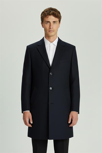 Giotelli Lacivert Regular Fit Yün Karışımlı Ceket Yaka Orta Boy Erkek Palto