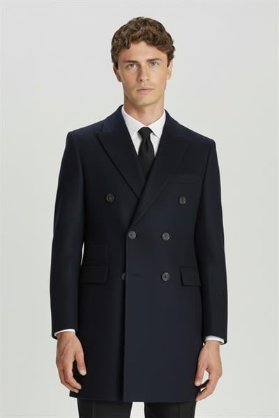 Giotelli Lacivert Slim Fit Yün Karışımlı Sivri Yaka Kruvaze 6 Drop Orta Boy Erkek Palto