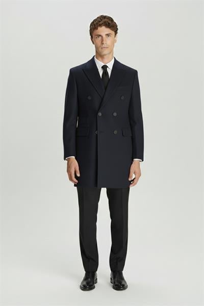 Giotelli Lacivert Slim Fit Yün Karışımlı Sivri Yaka Kruvaze 6 Drop Orta Boy Erkek Palto