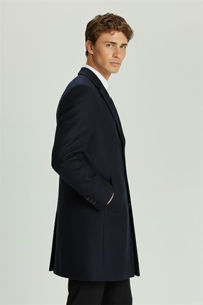 Giotelli Lacivert Regular Fit Yün Karışımlı Ceket Yaka Orta Boy Erkek Palto