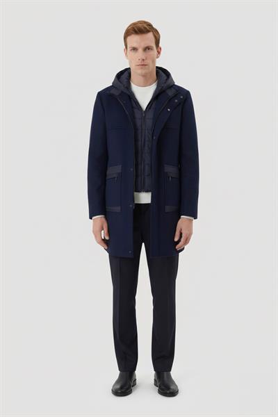 Lacivert Comfort Fit Kapüşonlu Fermuarlı Erkek Kaşe Kaban