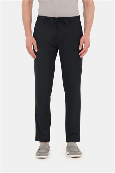 Lacivert Dokulu Arka Lastikli Köprü Kemerli Bağcıklı Slim Fit Jogger Pantolon