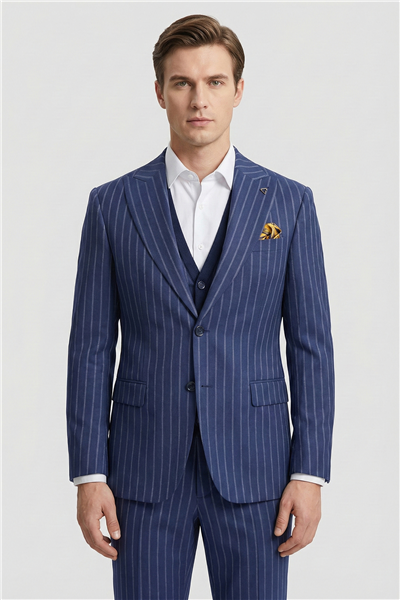 Giotelli Erkek Lacivert Dar Kesim Slim Fit Viskon 6 Drop Triko Yelekli Takım Elbise