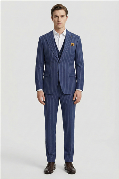Giotelli Erkek Lacivert Dar Kesim Slim Fit Viskon 6 Drop Triko Yelekli Takım Elbise