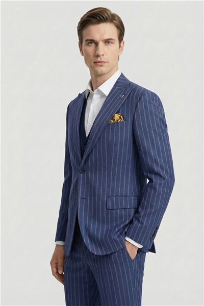 Giotelli Erkek Lacivert Dar Kesim Slim Fit Viskon 6 Drop Triko Yelekli Takım Elbise
