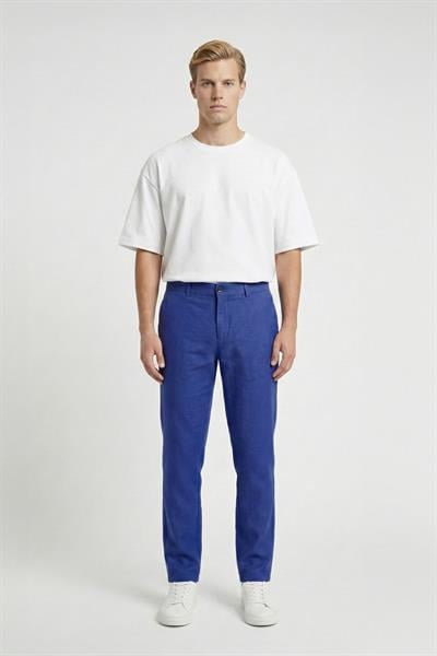 Giotelli Erkek Mavi Normal Kesim Regular Fit Dokuma Kemerli Yan Cep Pantolon