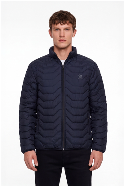 Erkek Lacivert Dar Kesim Slim Fit Dik Yaka Fermuarlı Mont